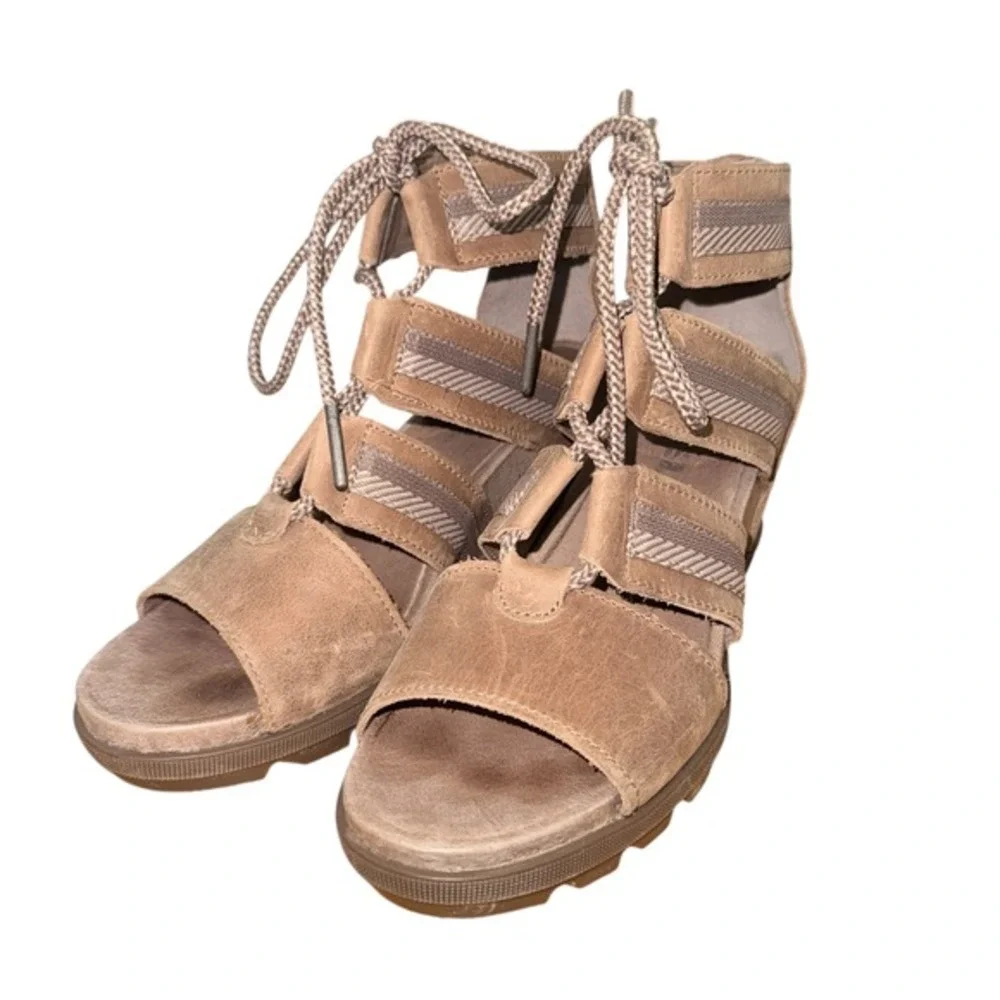 Sorel Joanie II Lace Womens 9 Pre-Owned‎ Wedge Sandal Brown Leather Strappy Lace